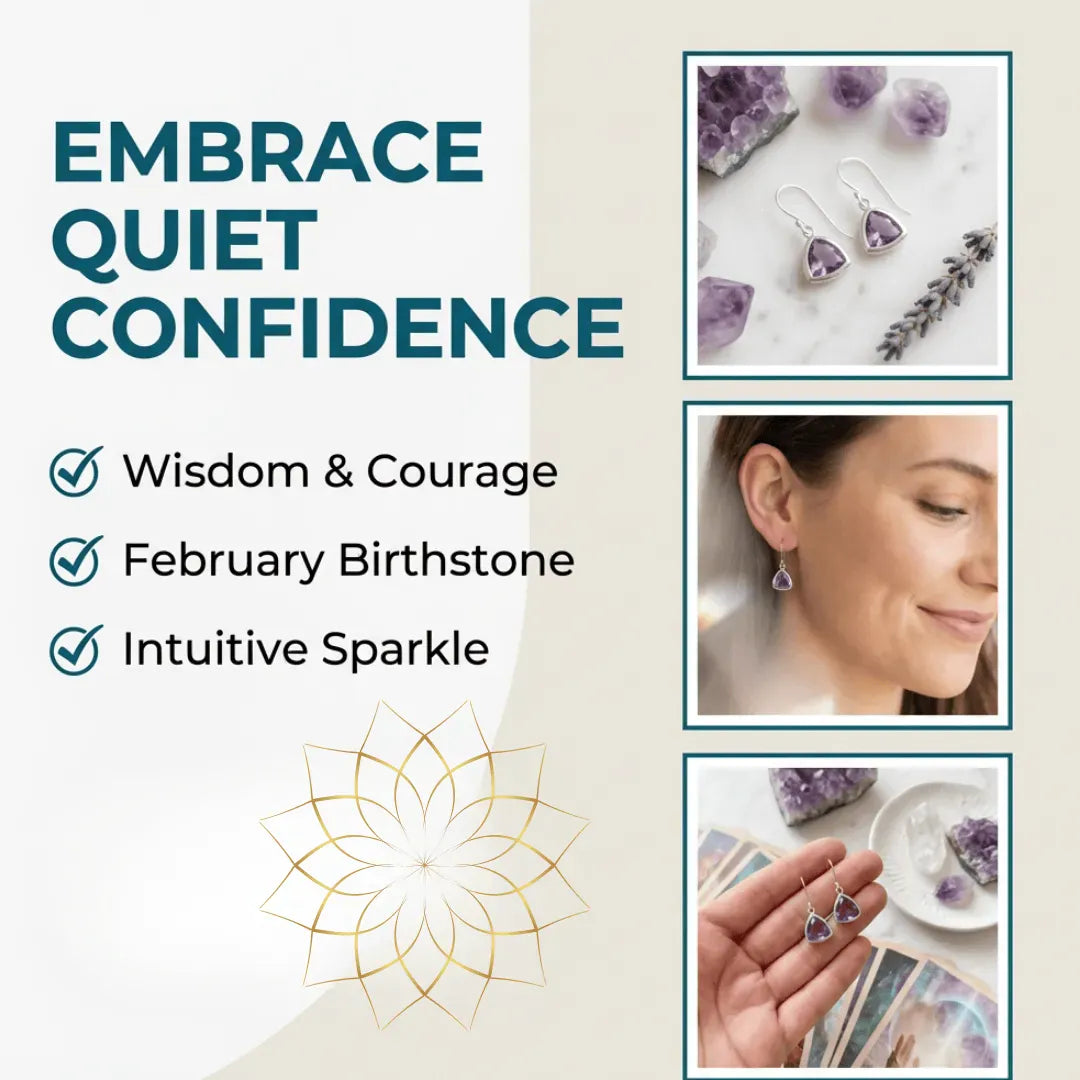 Advertisement for jewelry with heart-shaped stones, featuring text about 'Embrace Quiet Confidence' and 'Wisdom & Courage'.