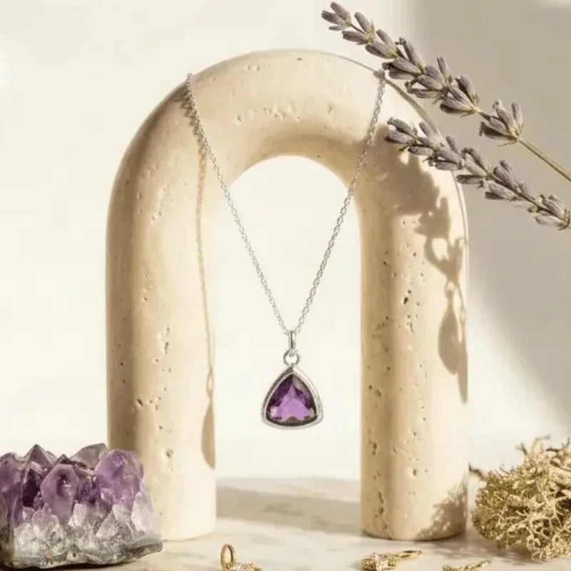 Amethyst Athena triangular pendant necklace in silver, February birthstone jewelry