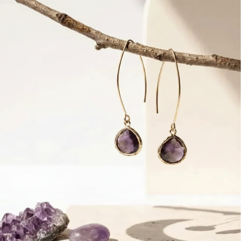 Amethyst elegant drop earrings in gold on branch, February birthstone jewelry