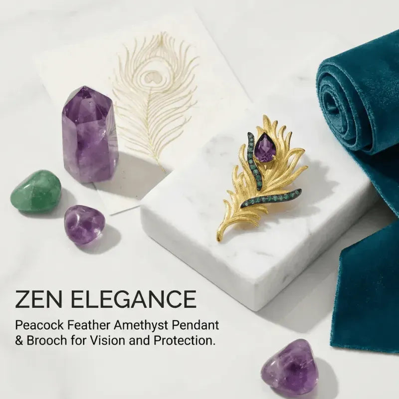Gold peacock feather amethyst pendant and brooch on a white box with crystals and feathers.