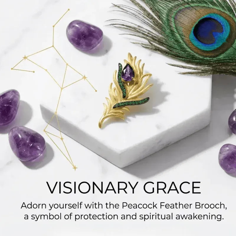 Gold peacock feather brooch with purple stones on a white surface with amethysts and a peacock feather.