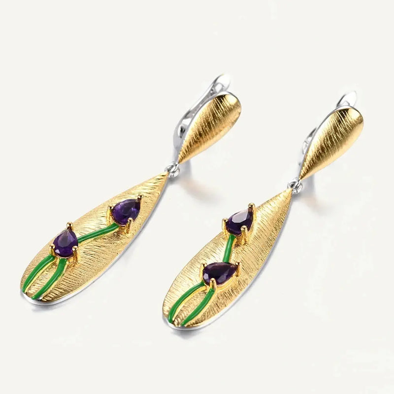 Elegant Brushed Gold Tulip Earrings with Faceted Amethyst - Gold Plated Sterling Silver Mystic Soul Jewelry