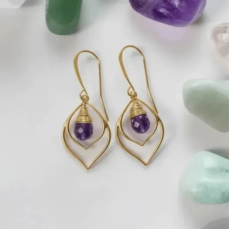 Amethyst teardrop earrings in gold — February birthstone jewelry for calm and intuition