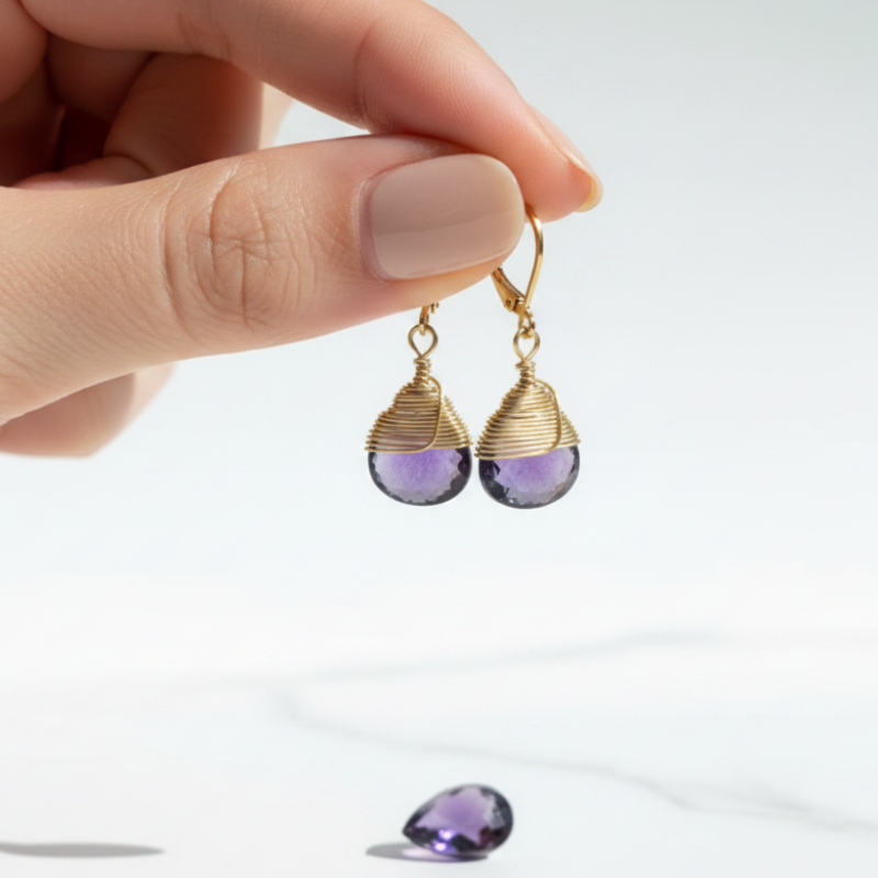 Amethyst Wrapped Leverback Earrings