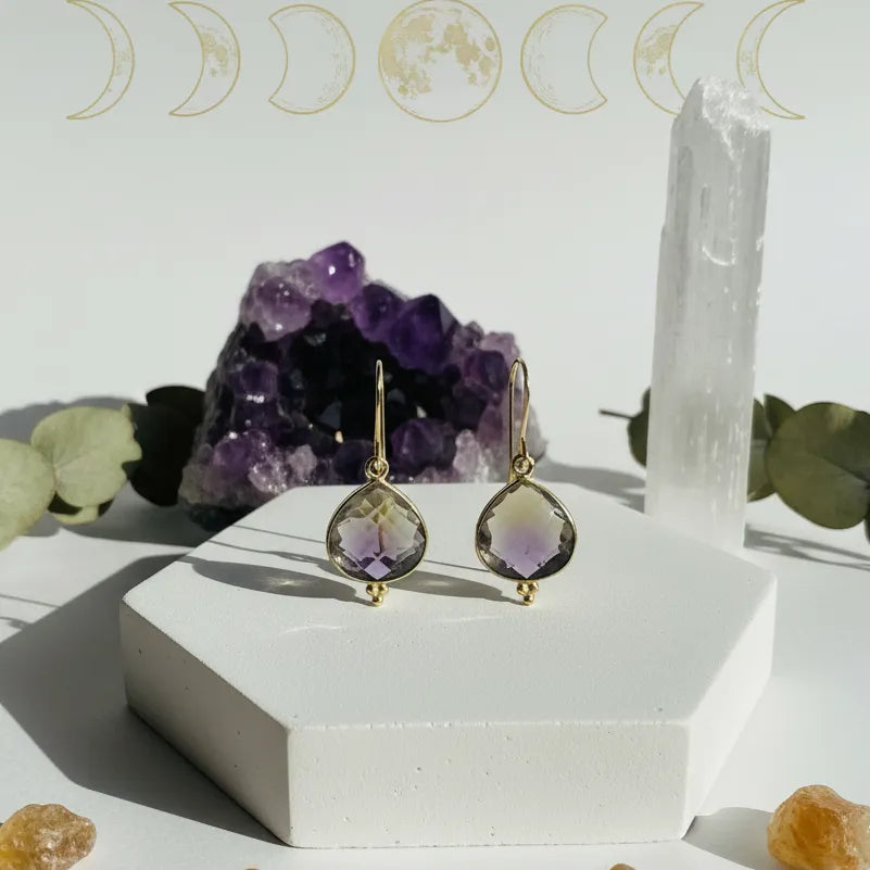 genuine ametrine gemstone drop earrings in gold — crystal jewelry for balance
