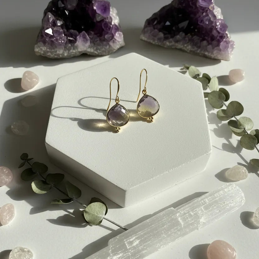 gold ametrine drop earrings with genuine purple-gold stone — crystal jewelry for balance