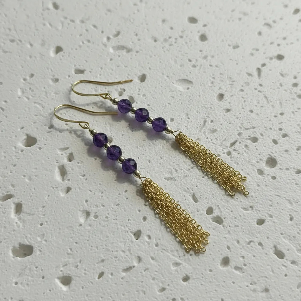 gold amethyst chain dangle earrings with faceted purple stone — February birthstone jewelry
