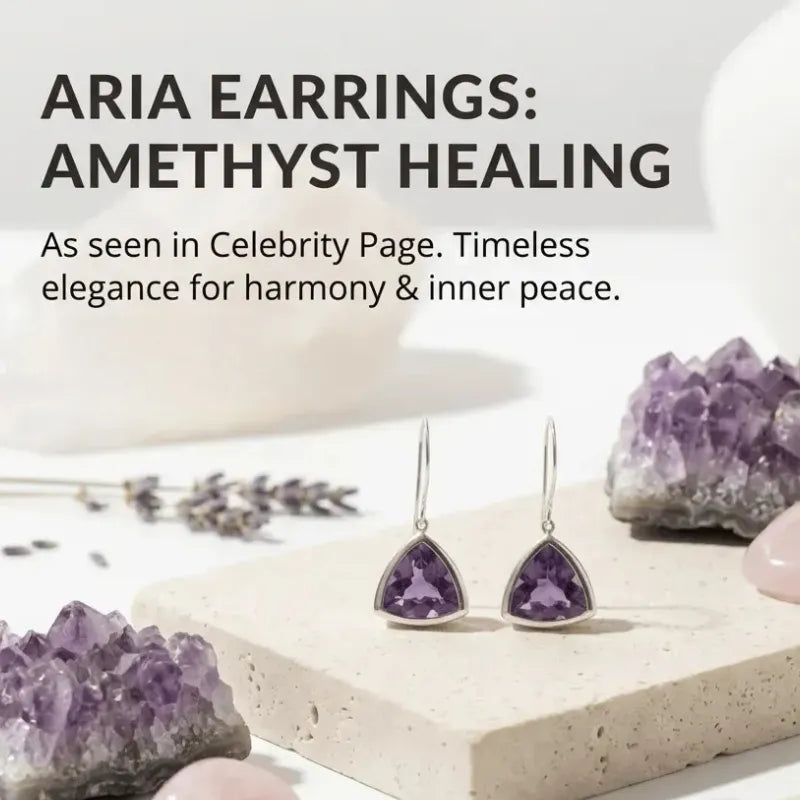 Aria earrings with amethyst stones on a display with crystals and lavender.