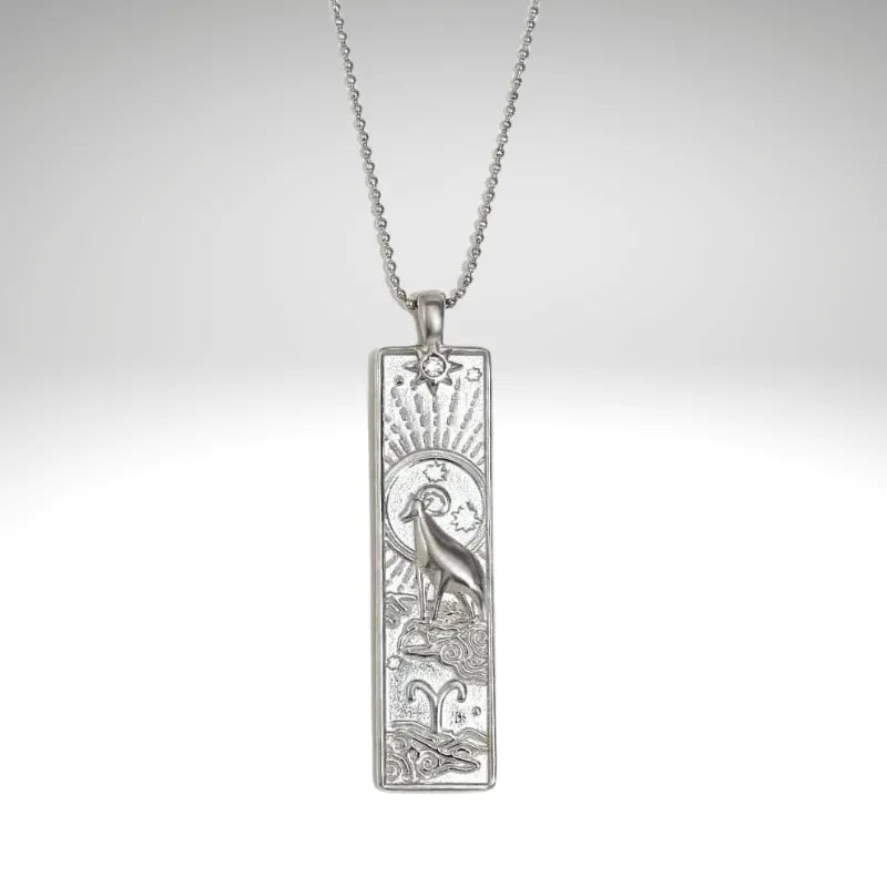 Silver pendant with intricate design on a chain against a light gray background