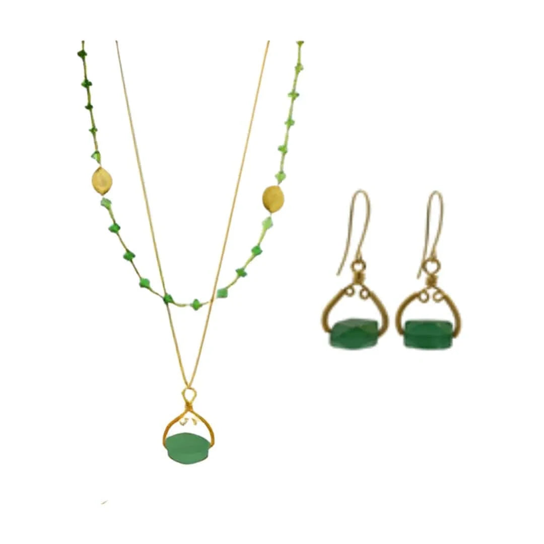 Jewelry set with green beads on a white background