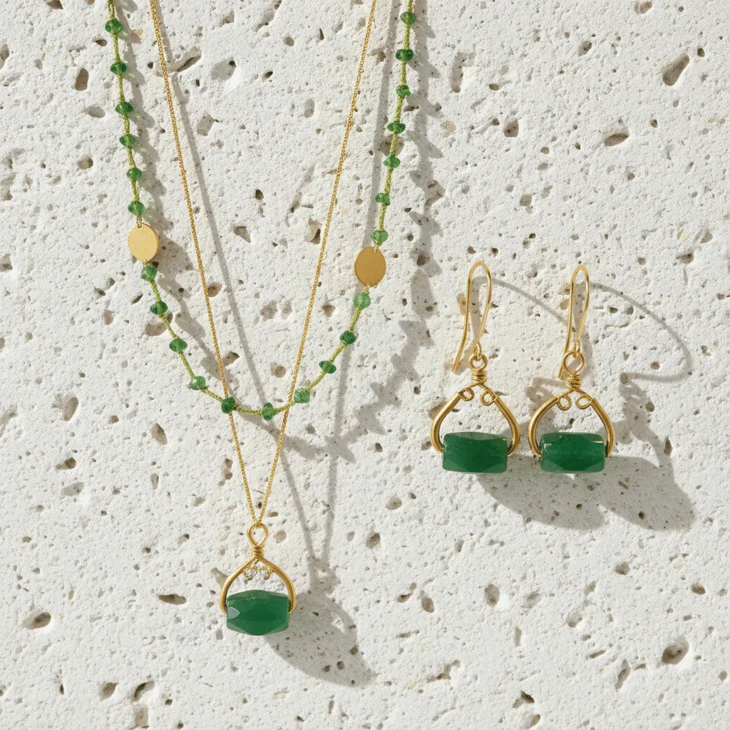 As seen on Bones and The Vampire Diaries white stone with green and gold jewelry