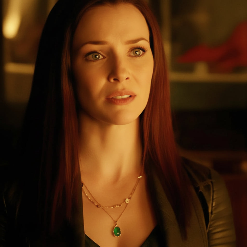 Woman wearing the Lily green agate double strand necklace