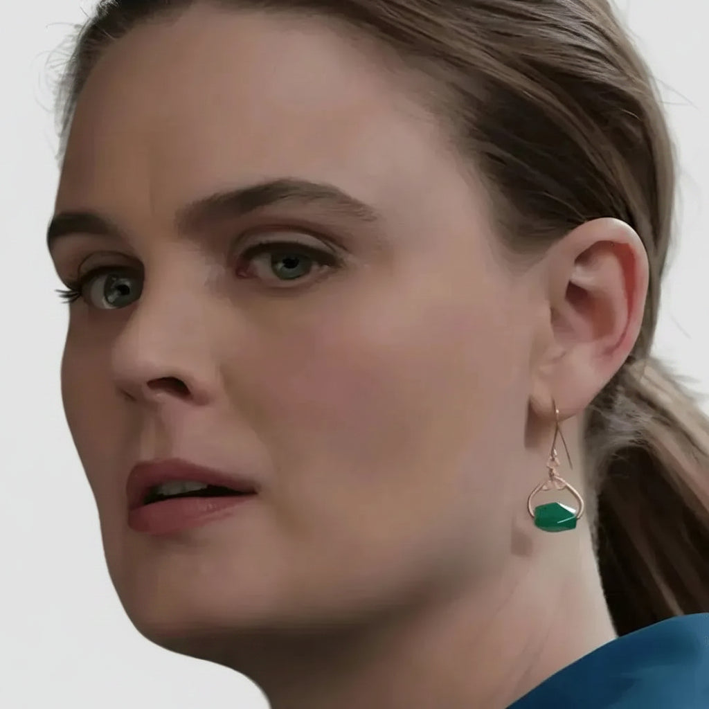 Emily Deschanel as Dr Temperance Brennan on Bones wearing the original green agate gold drop earrings, handcrafted by Andrea of Mystic Soul Jewelry.