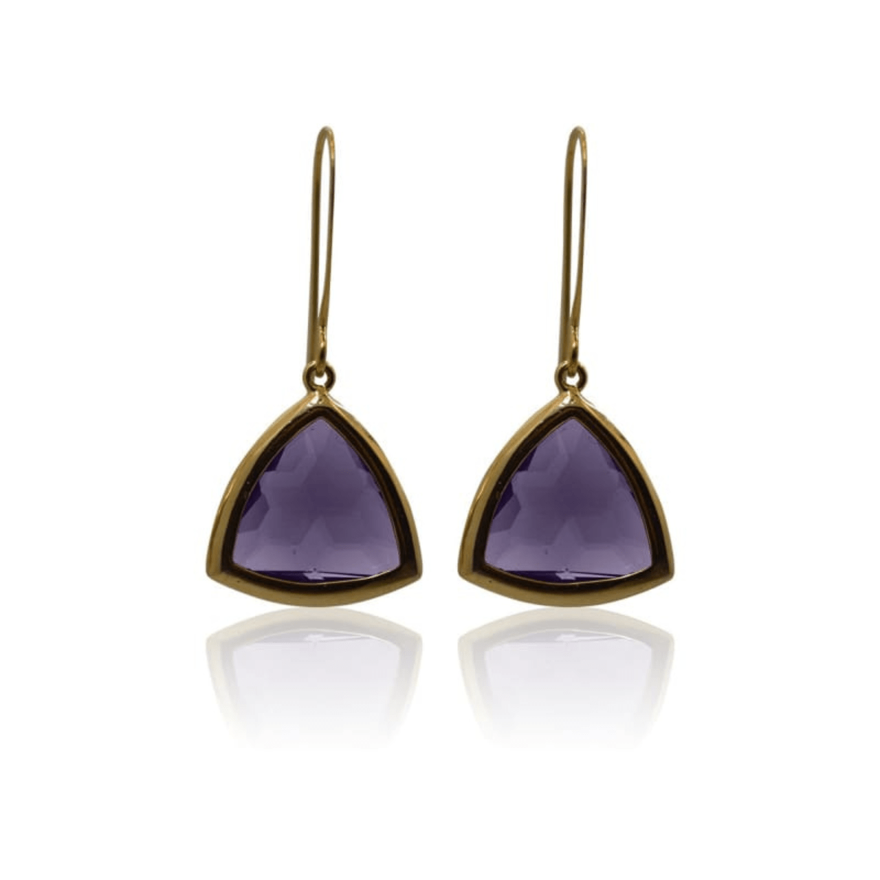 Pair of gold-trimmed purple triangular earrings on a white background