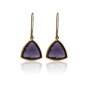 Pair of gold-trimmed purple triangular earrings on a white background