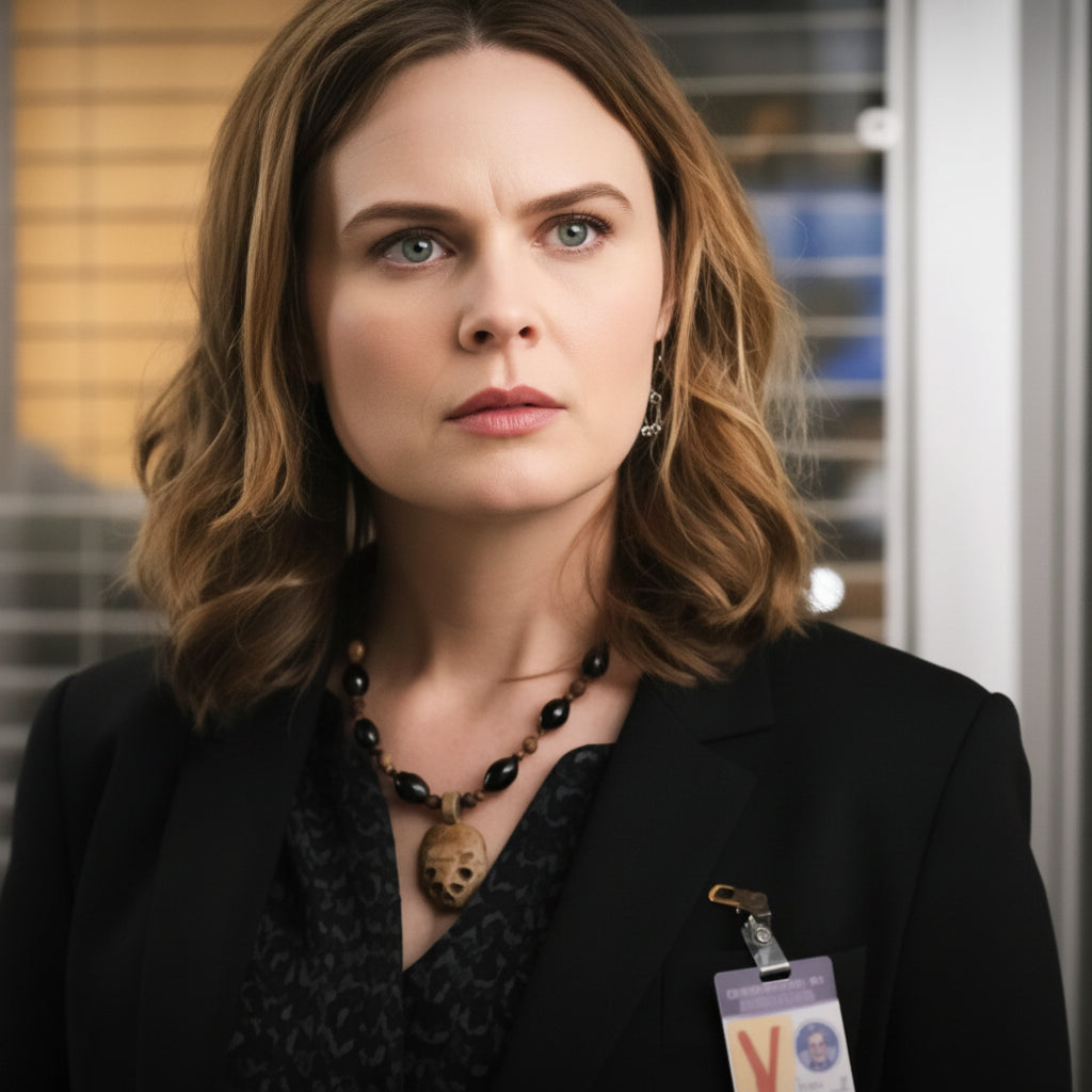 Emily Deschanel as Temperance Brennan wearing the original Bones mask necklace on Bones, handcrafted by Andrea of Mystic Soul Jewelry (formerly Andrea Kelly Designs).