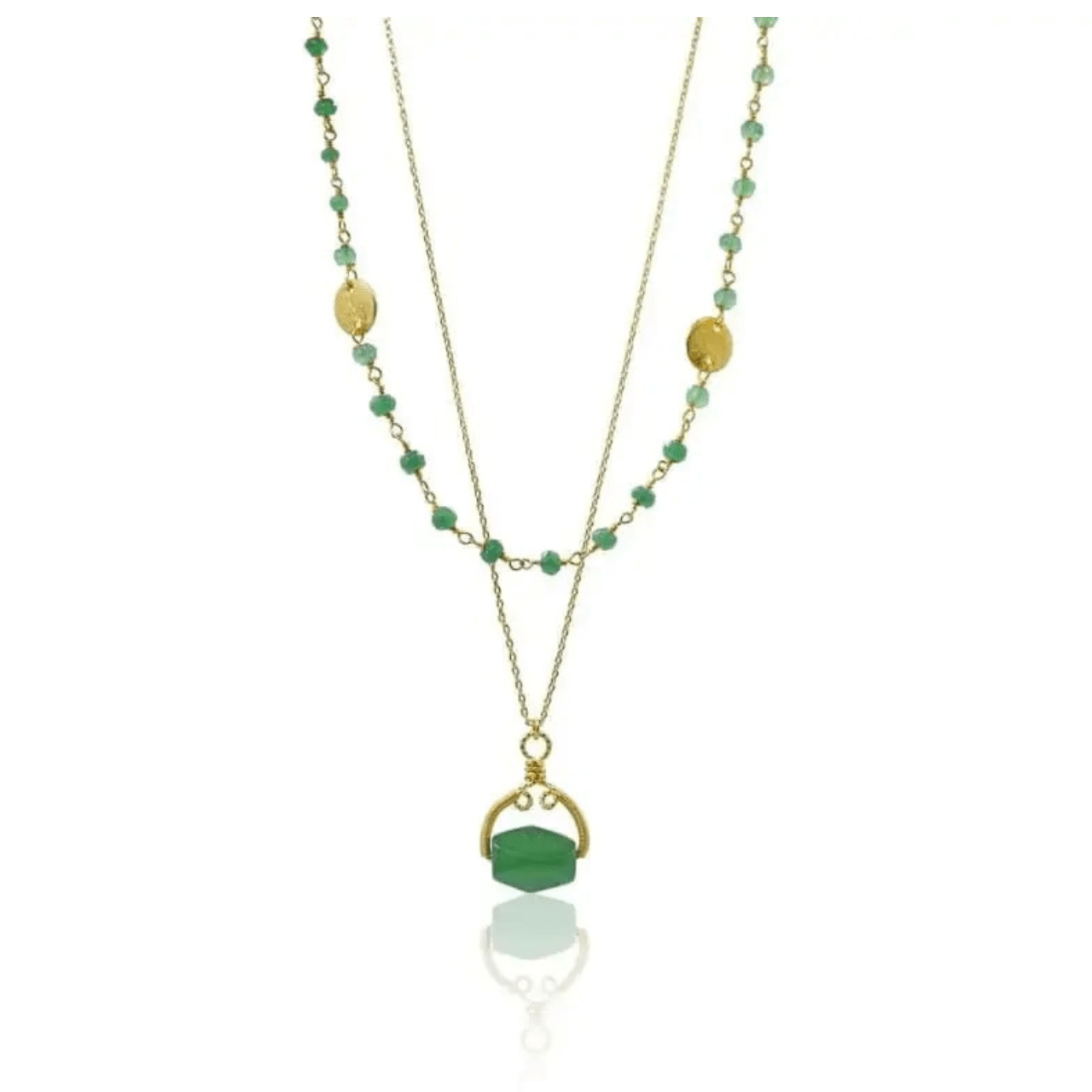 Double-layered necklace with green beads and gold accents on a white background