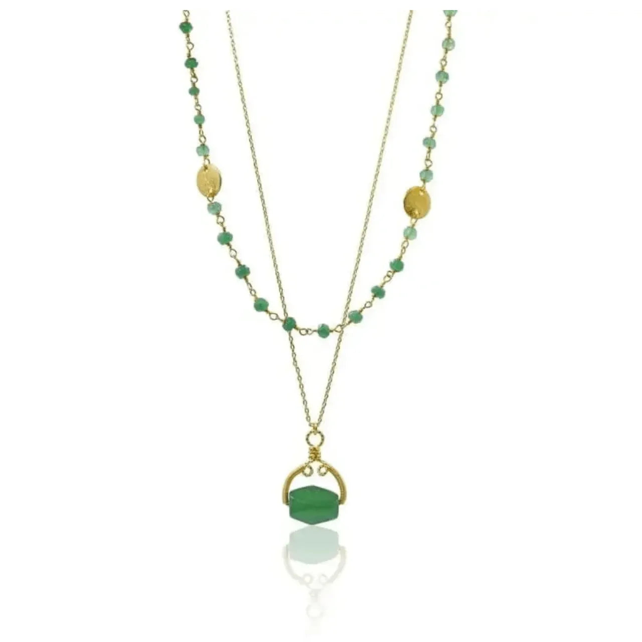Double-layered necklace with green beads and gold accents on a white background