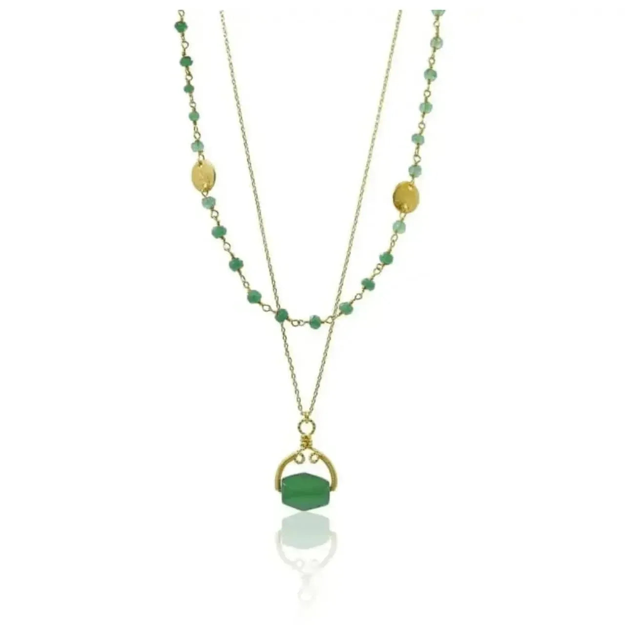 Double-layered necklace with green beads and gold accents on a white background
