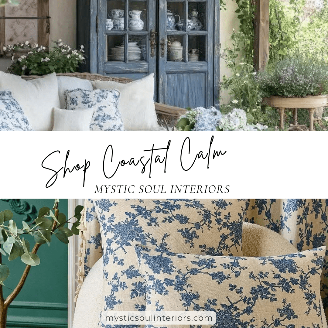 Coastal-themed interior decor with floral pillows and a blue cabinet.
