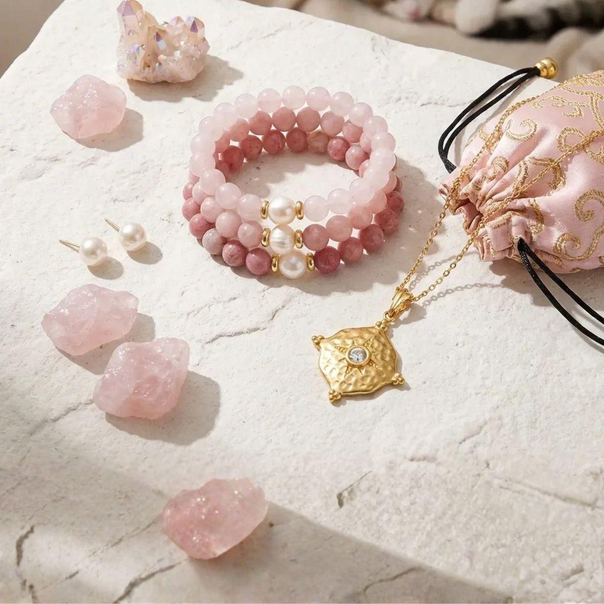 Pink bracelet set with coordinating necklace and earrings beside rose quartz — how to wear jewellery sets