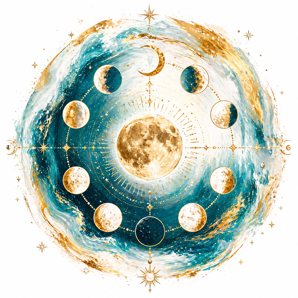 Illustration of a celestial design with moons and stars on a white background