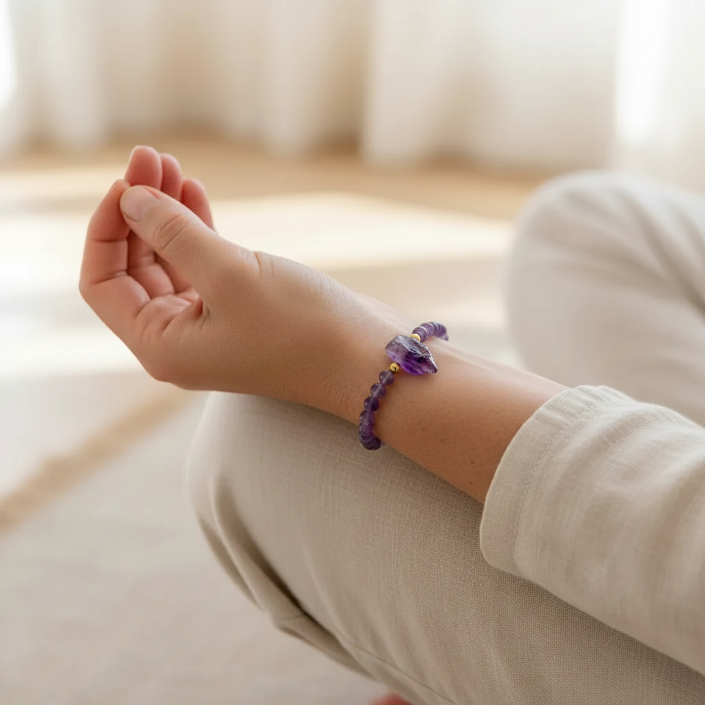 Amethyst hexagon column pendant bracelet worn on the wrist during a seated meditation — crystal bracelet for quiet ritual — Mystic Soul Jewelry