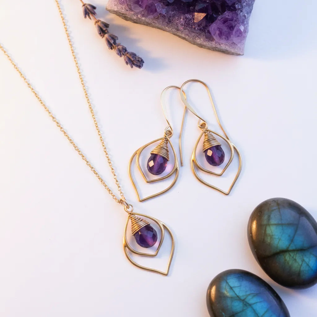 Gold amethyst teardrop earrings and matching necklace set — February birthstone jewelry
