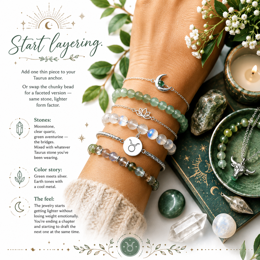 Bracelet stacking guide for Taurus and Gemini season, zodiac crystal jewelry