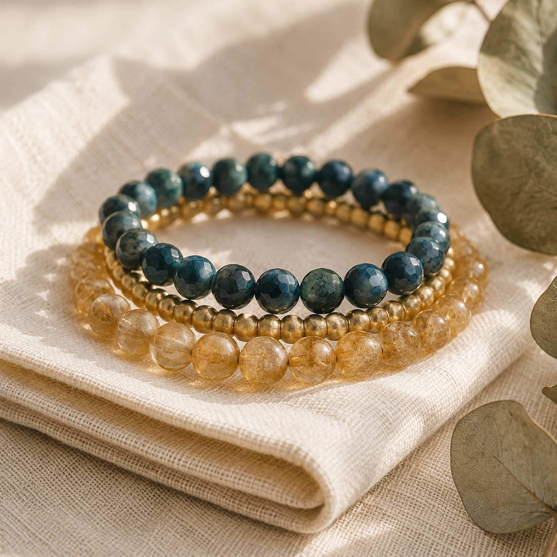 Three stacked gemstone bracelets in one gift box — an easy last-minute gift stack from Mystic Soul Jewelry