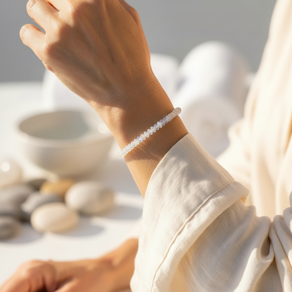 Person wearing a white bracelet with a blurred natural background