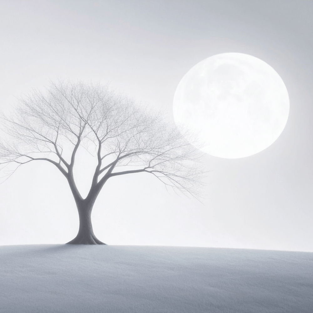 Silhouette of a tree against a large, bright moon in a snowy landscape