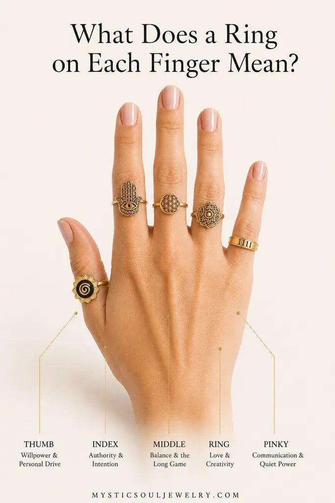 Hand wearing gold rings on each finger with corresponding meanings on a white background
