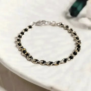 Black beaded chain bracelet in silver, bohemian layering jewelry