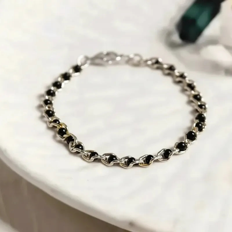 Black beaded chain bracelet in silver, bohemian layering jewelry