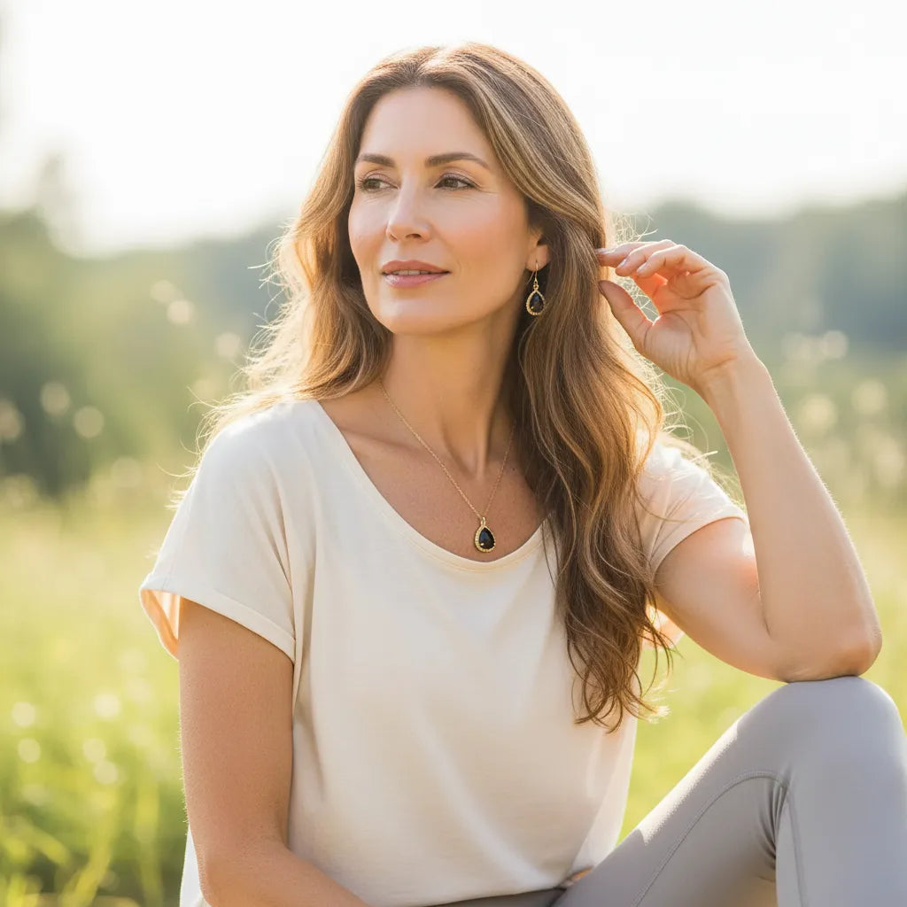 Woman wearing a black exquisite drop necklace and earrings — crystal necklace for elegance