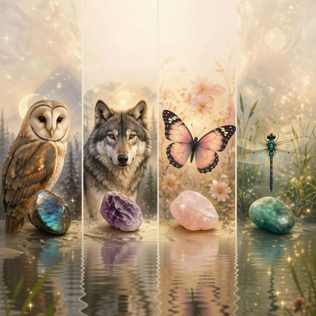 spirit animal image with owl, wolf, butterfly and dragonfly