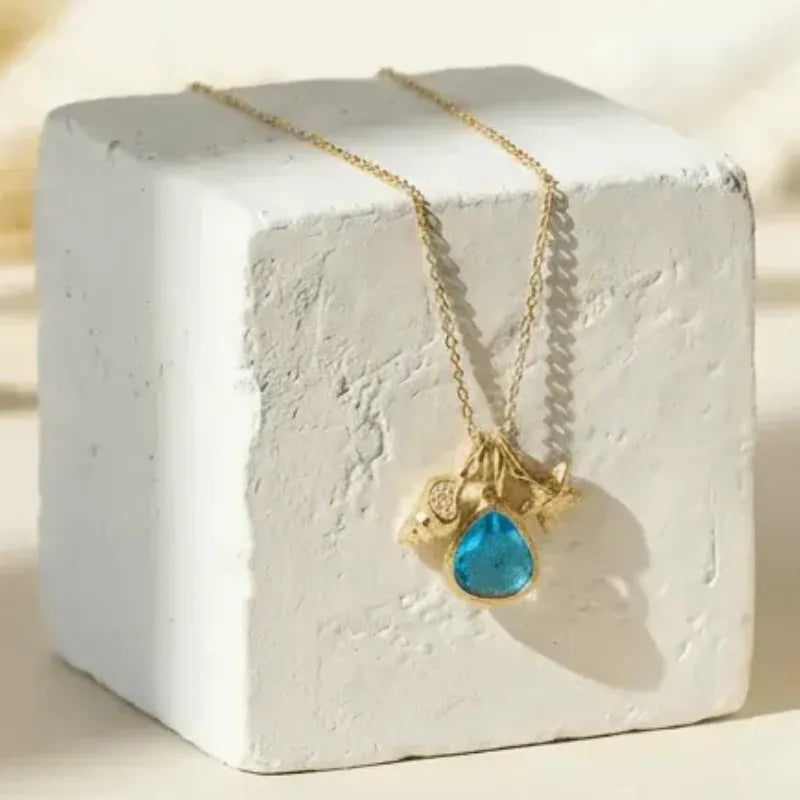 Capri blue mini drop shell necklace in gold, ocean charm jewelry