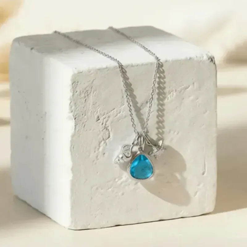 Capri blue mini drop shell necklace in silver, ocean charm jewelry