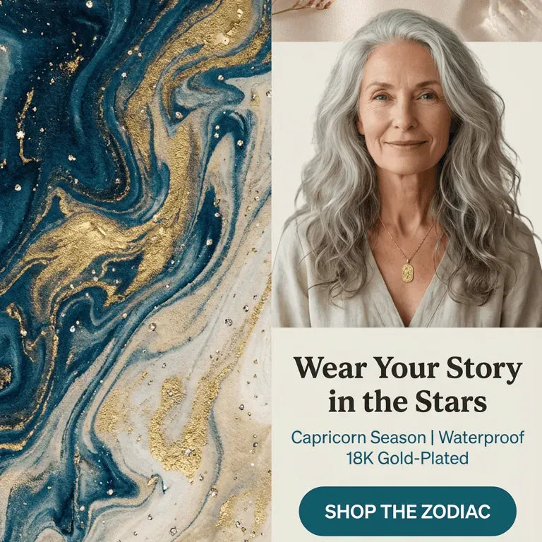 Product advertisement with gold jewelry and a woman, featuring text about cosmic chaos, celestial alignment, and gold-rated jewelry.