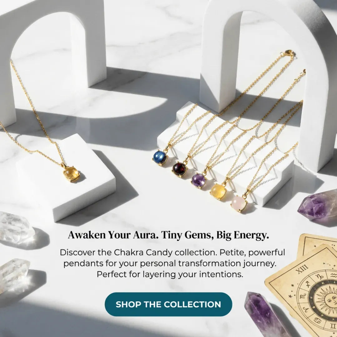 Jewelry display with necklaces featuring small gemstones on a white background.
