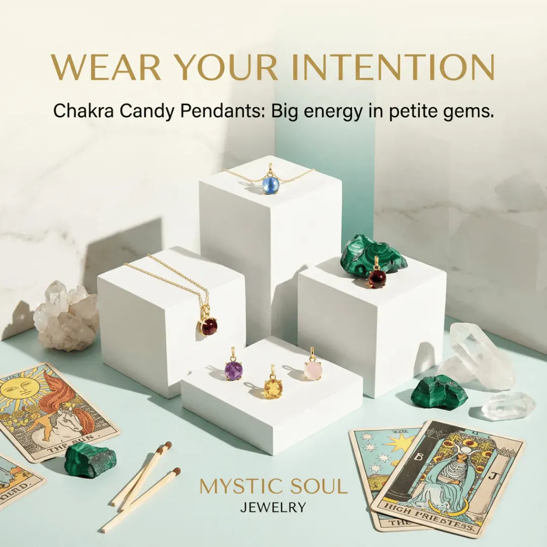 Mystic Soul Jewelry display with chakra candy pendants and crystals on a light background.