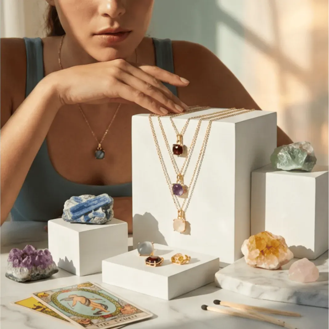 Woman examining necklaces on a display with crystals and tarot cards in the background