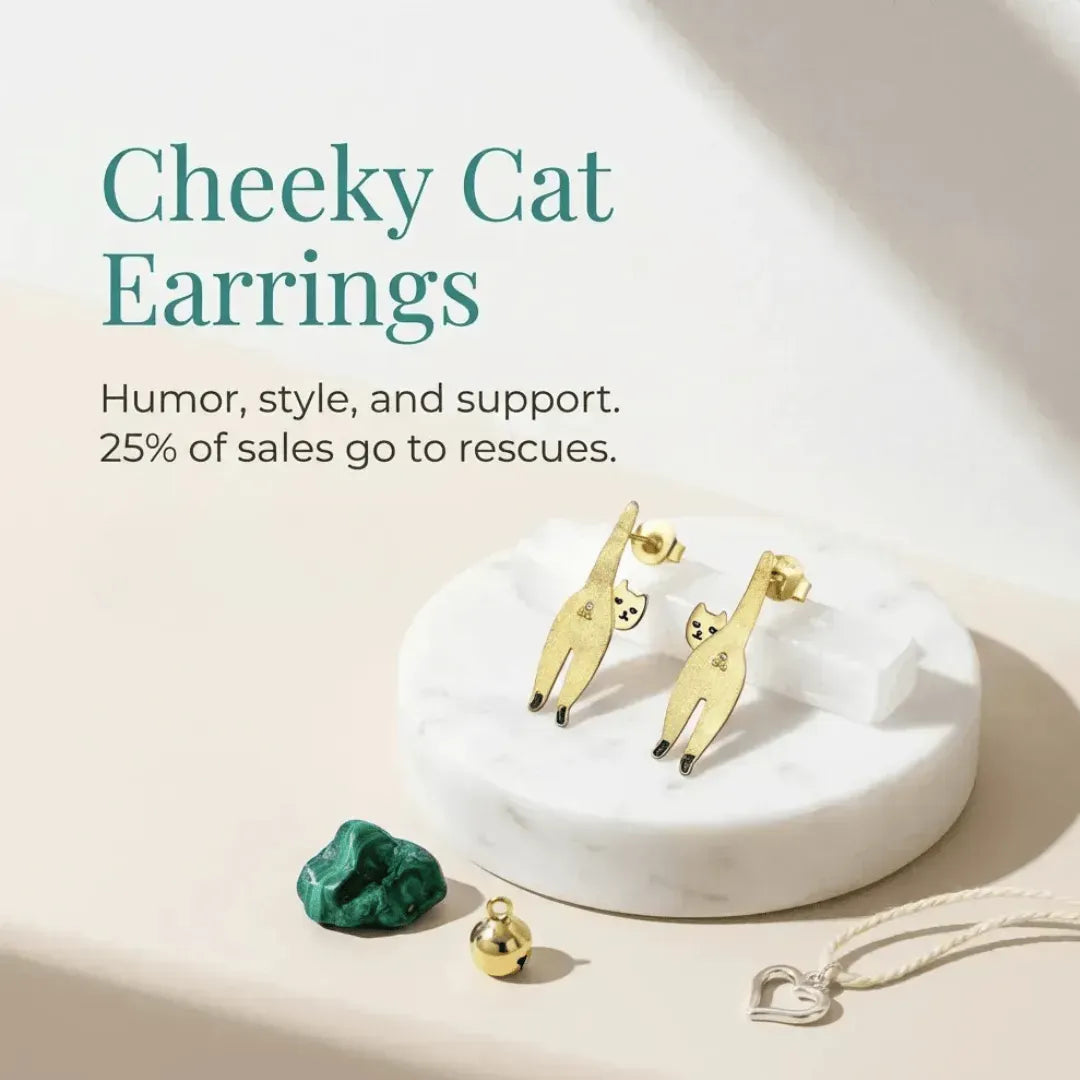 Gold cat-shaped earrings on a white dish with text about Cheeky Cat Earrings and donation to rescues.