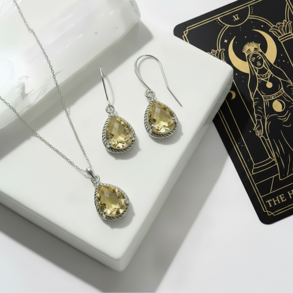 Citrine yellow exquisite necklace and earring set in silver, November birthstone jewelry