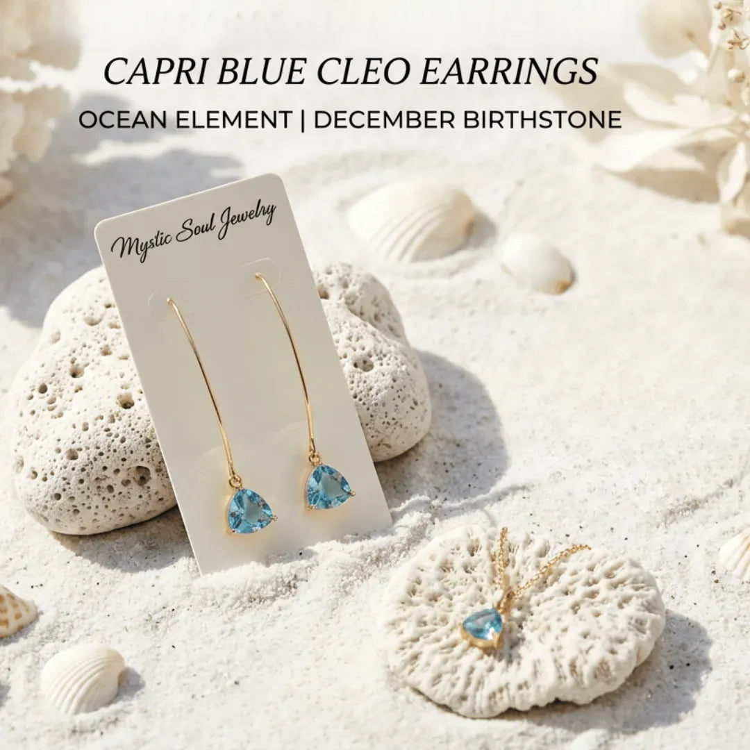 Capri Blue Cleo earrings on a card with ocean elements and text about birthstone.