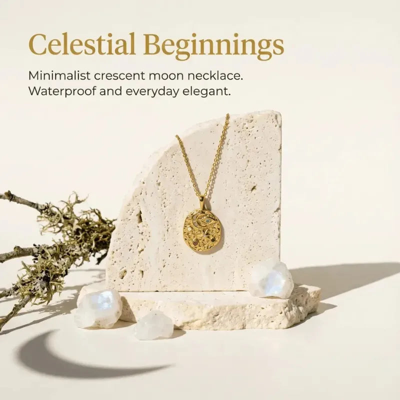 Gold necklace on a stone block with text 'Celestial Beginnings' and product description.