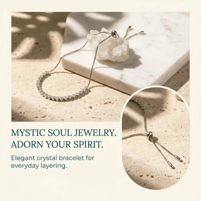 Crystal bracelet on a marble surface with text about mystical soul jewelry.