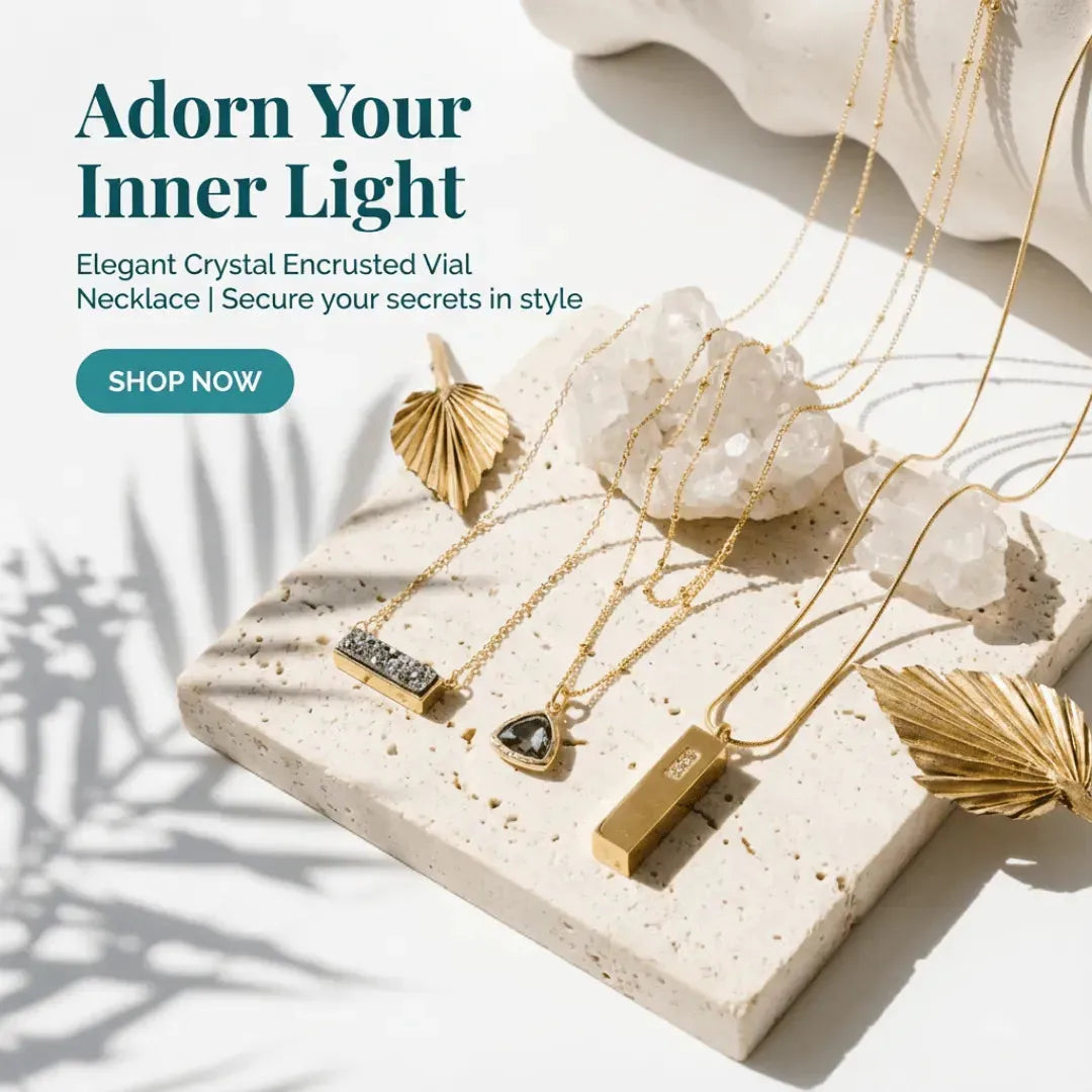 Gold necklace with crystal encrustations on a stone surface with text 'Adorn Your Inner Light' and 'Shop Now' button.