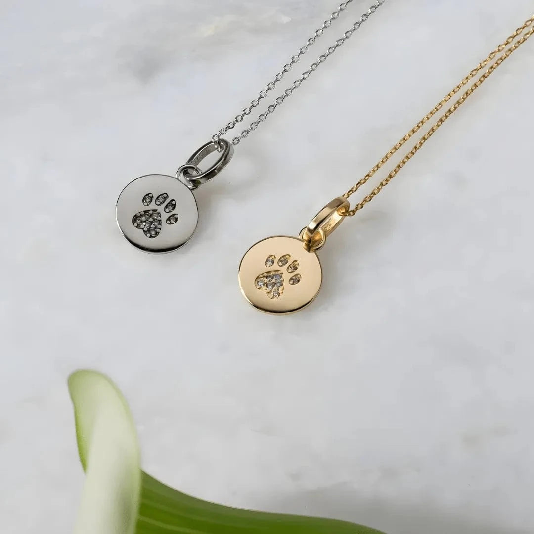 Two necklaces with paw print pendants on a light background
